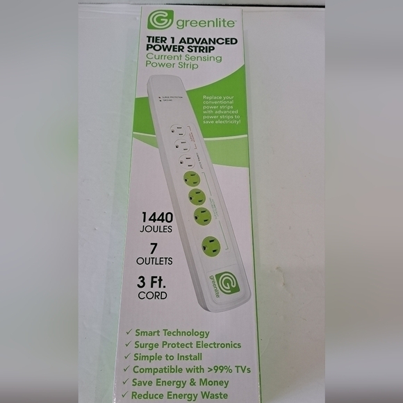 New Greenlite Surge Protector Strip 7 Outlets 1440 Joules 3 Foot Cord Boxed - Picture 2 of 7